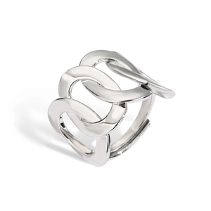 Polished silver interlocking oval chain links on an adjustable open ring design