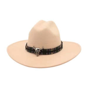 Detail of beige felt fedora with ethnic woven band and silver bull skull ornament
