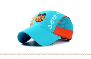 Detail of kids breathable mesh baseball cap featuring blue and orange basketball embroidery