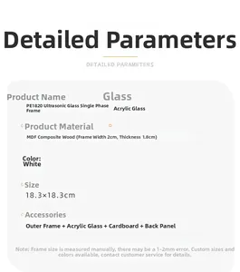 Detail of white MDF ultrasound photo frame specifications, size 18.3x18.3cm with plexiglass