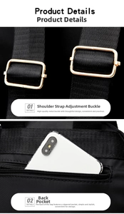 Detail of adjustable golden buckle and anti-theft back zipper pocket on black nylon backpack