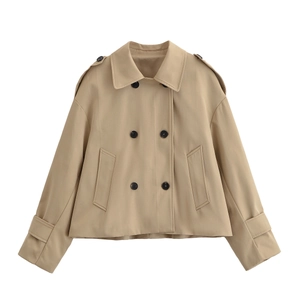 Women Short Trench Coat Double Breasted Khaki Polyester Twill Lapel Long Sleeve Jacket Outerwear