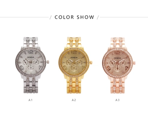 Detailed comparison of silver, gold, and rose gold Geneva quartz watches with rhinestones