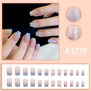Gradient light blue and baby pink press-on nails with glitter accents, 24-piece square set