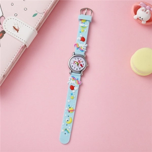 Detailed view of sky blue kids watch with 3D unicorn and rainbow silicone strap