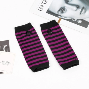 Close-up of black and purple striped knitted fingerless gloves with thumb hole detail