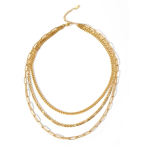 Three-layer 18k gold plated stainless steel necklace featuring paperclip and curb chains