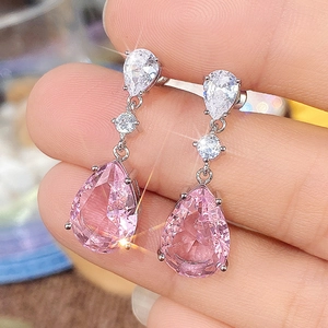 Pink pear-shaped zircon drop earrings with silver metallic base and sparkling crystals