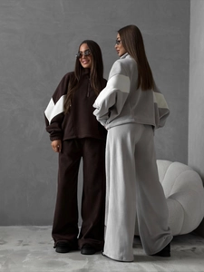 Women's fleece tracksuit set with zip-up jacket and wide-leg pants in dark coffee and gray
