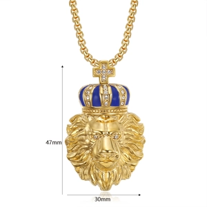 Detail of hip hop gold lion head pendant with blue crown showing 47mm height and 30mm width