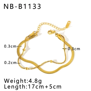Detail of layered gold stainless steel bracelet with snake chain and beads dimensions