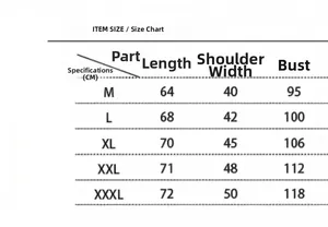 Detailed size chart for men's faux fur vest showing length, shoulder, and chest measurements