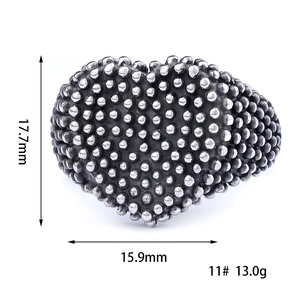 Textured stainless steel heart ring with detailed size and weight measurements