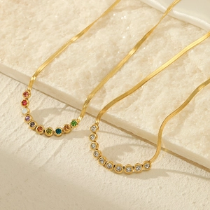 Stainless Steel Herringbone Snake Bone Chain Necklace Women 18K Gold Plated Colorful White Rhinestone Choker Jewelry
