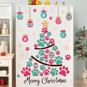 Christmas tree wall sticker made of pet paw prints with colorful ornaments and snowflakes