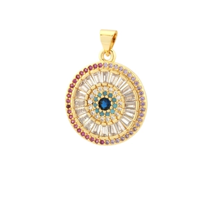Macro shot of evil eye pendant with blue zircon center and colorful gemstone halo
