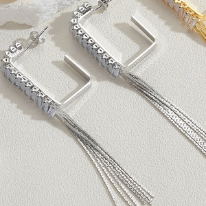 Vue détaillée de boucles d'oreilles argentées avec pampilles en zircon sur fond blanc