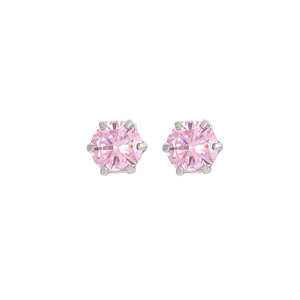 Elegant six-prong pink zircon stud earrings with silver finish on a clean white background