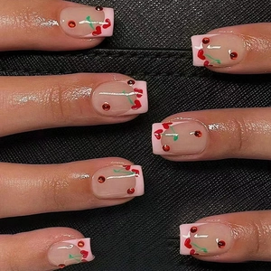 Pink French Press On Nails With Red Rhinestone Cherry Heart Patterns Sweet Square Fake Nails For Women