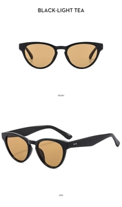 Detailed front and side view of black cat-eye sunglasses with light tea lenses