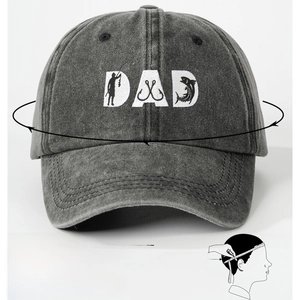 Washed dark grey baseball cap with DAD embroidery and head circumference sizing guide