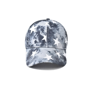 Cotton baseball cap with white stars and grey tie-dye pattern on curved brim