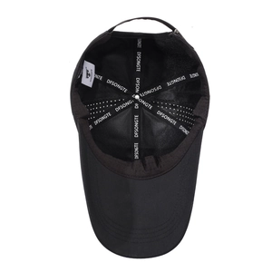Inside view of black baseball cap showing reinforced structure and long visor detail