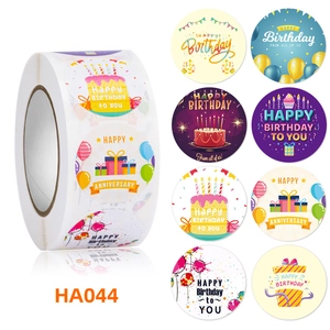 Roll of 500 Happy Birthday and Anniversary round stickers with colorful party patterns