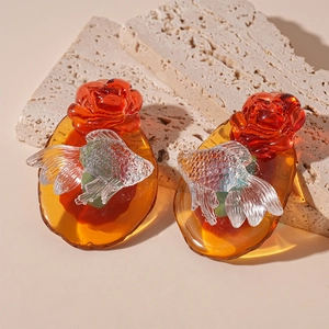 Vintage Resin Goldfish Rose Earrings With 925 Sterling Silver Earring Post Chinese Style Transparent Jewelry For Women