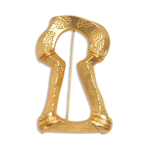 Vintage style gold-toned keyhole brooch with textured relief dots and a matte finish