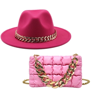 British wool jazz hat and pink quilted chain bag set with gold link accessory