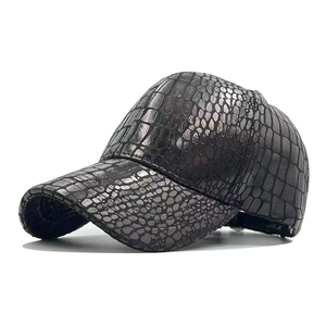 Men's black baseball cap with premium faux crocodile leather texture on white background
