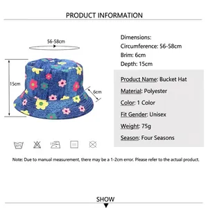 Size chart for reversible daisy pattern bucket hat with measurements and product details