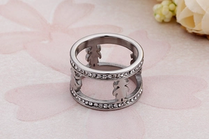 Detailed view of silver stainless steel ring with girl silhouette and zircon inlay
