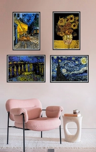 Detail view of Van Gogh art scratch painting set displayed on a minimalist living room wall