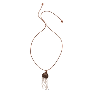 New Chinese style long seed necklace with pearl tassel and adjustable brown leather cord