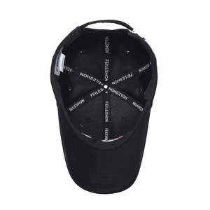 Inside view of black baseball cap with Feileshon letter embroidery and seam reinforcement