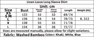 Size guide for women's oversized linen shirt featuring detailed chest and length measurements