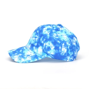 Close-up of blue and white tie-dye pattern on a stylish baseball cap with side view