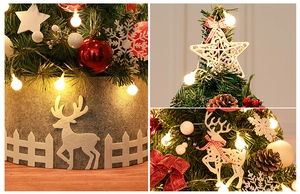 Details of 60cm mini Christmas tree with reindeer skirt, star topper and warm LED lights