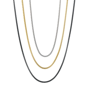 Three-color 2mm stainless steel box chain necklaces in silver, gold, and matte black finish