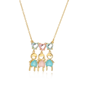 Gold heart pendant necklace with three colorful boy and girl charms on white background