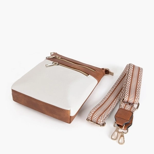Contrast PU leather crossbody bag with jacquard strap and gold hardware in white and brown