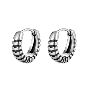 Retro stainless steel hoop earrings with textured horizontal grooves on white background