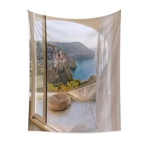 Detailed view of the coastal scenery print on a bohemian style polyester wall tapestry