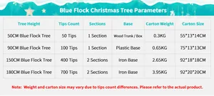 Size chart showing height options and branch counts for blue flocked Christmas trees