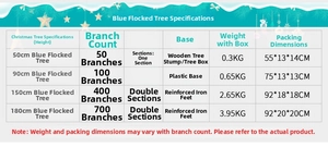 Size chart showing height options and branch counts for blue flocked Christmas trees
