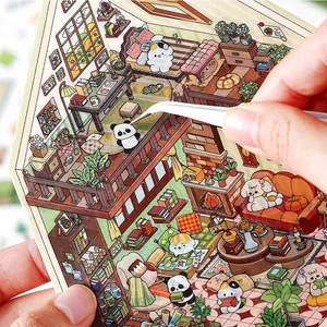 DIY 2.5D dollhouse scene stickers with cute panda and furniture for creative decoration