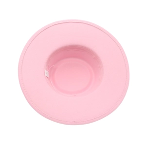 Detailed interior of a pink wool felt wide brim hat showing inner sweatband and label