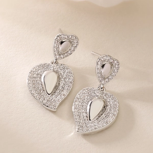 Luxurious 18K gold plated silver heart and pear shaped drop earrings with sparkling zircon